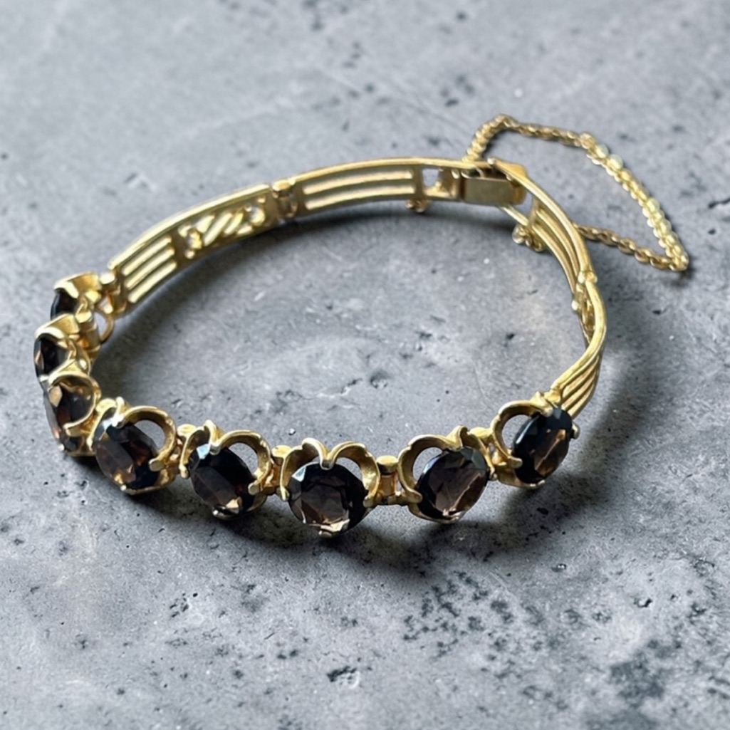 Vintage Art Deco Smokey Quartz Gold Safety Chain Bracelet